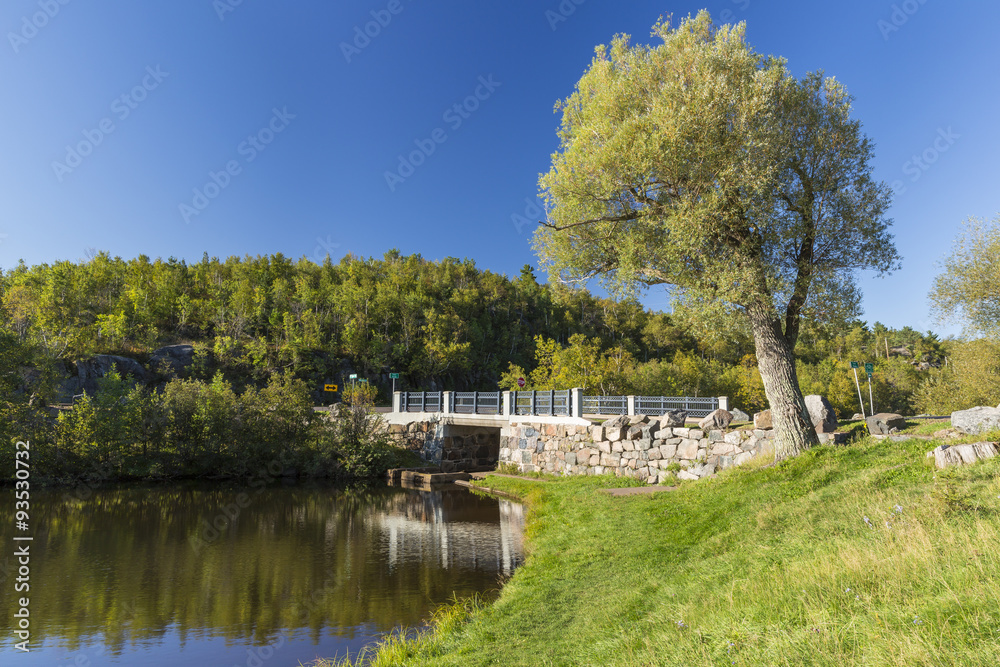 Fototapeta premium Duluth Twin Ponds / A bridge crossing over two ponds.