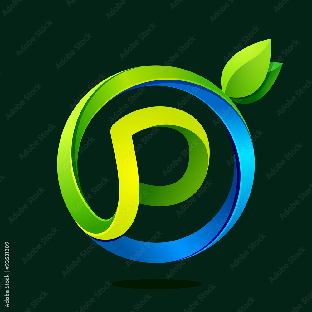 P letter with green leaves and water waves.