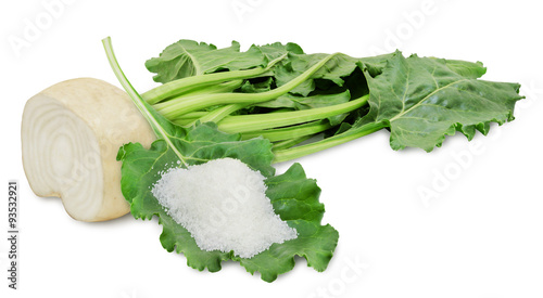 Fresh sugar beet with leaves and heap of sugar isolated on white background. Design element for product label, catalog print, web use.