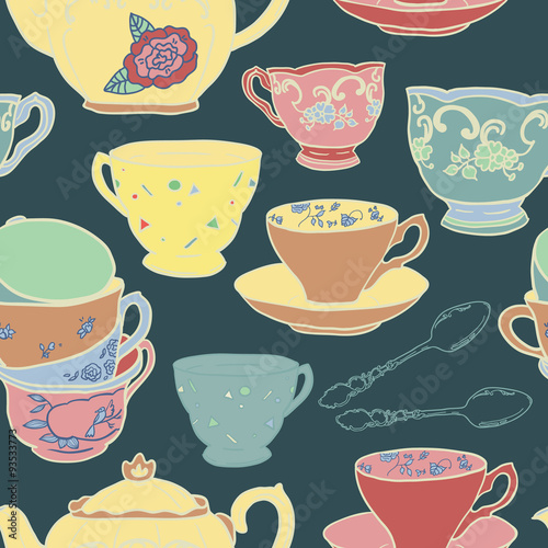Vector seamless pattern with teapots, teacups, spoon. Retro tea background in vivid colors.