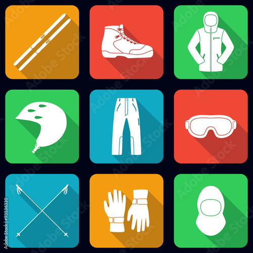 Mountain skies and its equipment set. Flat long shadow design. Ski icons series.