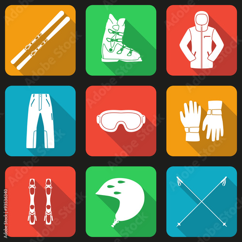 Mountain skies and its equipment set. Flat long shadow design. Ski icons series.