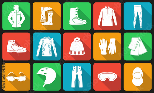 Set of cloth and shoes for winter sport. Flat long shadow design. Ski icons series.
