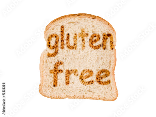 Text gluten free toasted on a slice of bread, isolated on white background
