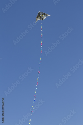 colorful kites flying in single file in the sky