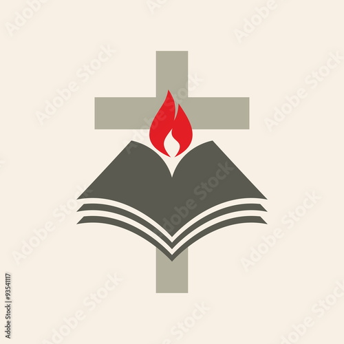 Church logo. Cross, flame, Bible, icon