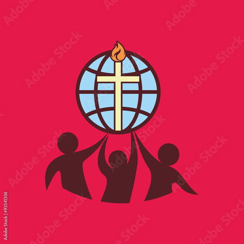 Church logo. Flame, fellowship, people, silhouettes, cross, globe, icon, symbol
