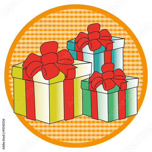 Three presents in orange button on white background