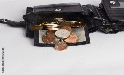 Coins in a wallet on a white background