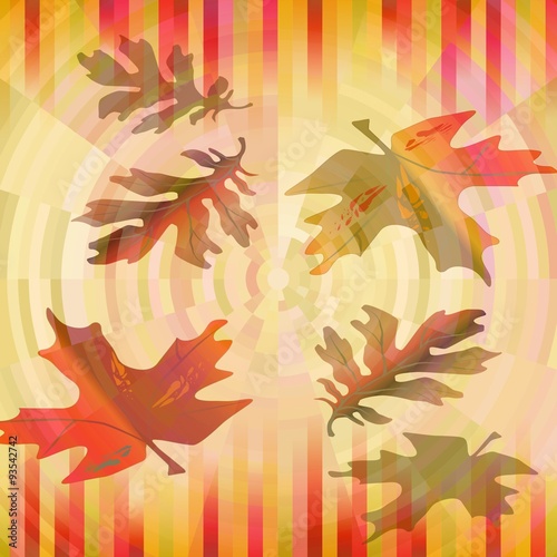 Blurry colorful leaves on striped background in vibrant autumn colors, maple and oak leaf shapes