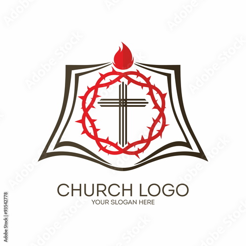 Church logo. Crown of thorns, cross, shield, flame, icon, red, black
