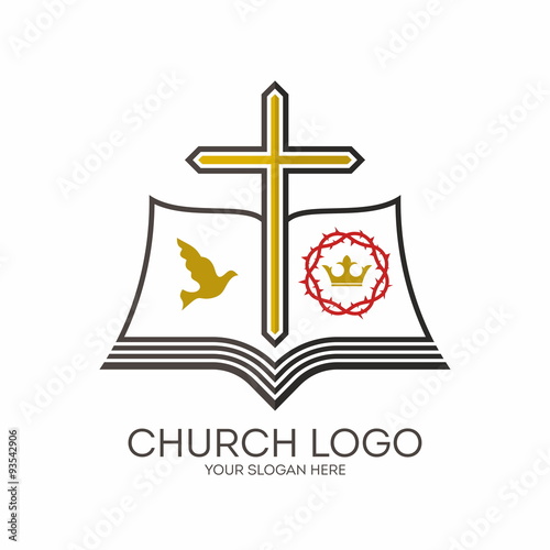 Church logo. Dove, crown, crown of thorns, cross, pages, Bible