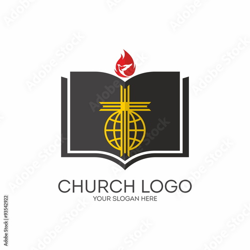 Church logo. Missions, Bible, cross, globe, flame, dove, icon