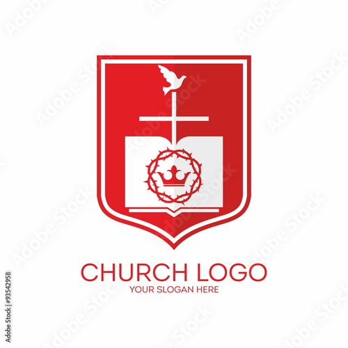Church logo. Shield, crown of thorns, crown, bible, cross, dove, red, white, pages