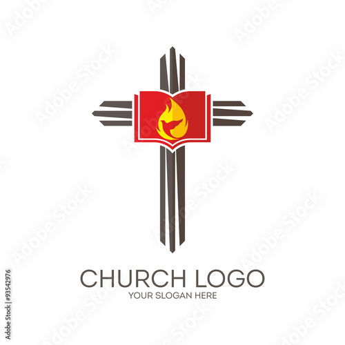 Church logo. Cross, Bible, flame, dove, icon