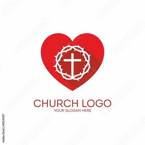 Church logo. Heart, crown of thorns, red, white, cross, icon, love