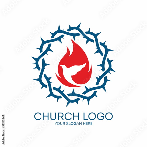 Church logo. Crown of thorns, blue, red, dove, flames, icon
