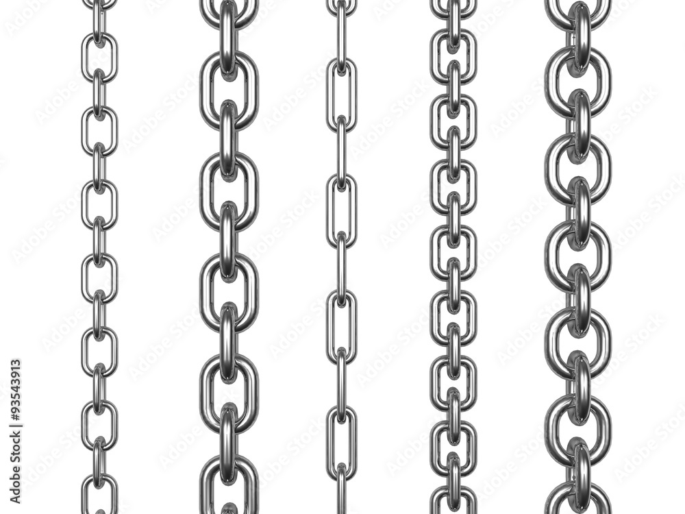 Set of silver and metal chrome chains isolated on white background