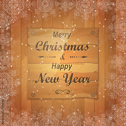 Christmas greeting card with wooden board in the middle.