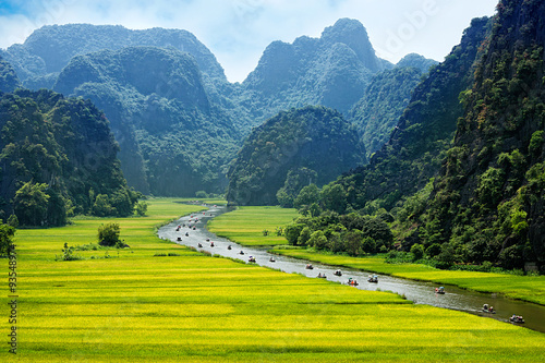 Photographie Rice field and river, NinhBinh, vietnam landscapes