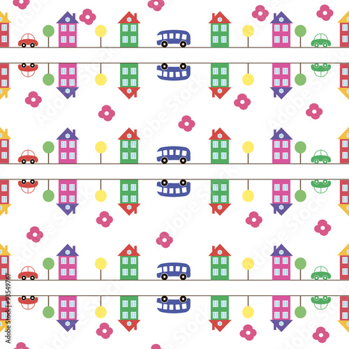 Разноцветный детский узор с домами, цветами и автомобилями