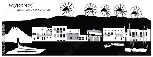 Vector illustration of skyline of Mykonos, Greece