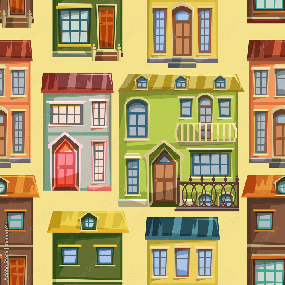 Seamless pattern with city houses facades. Cartoon vector illustration.