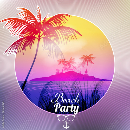 Beach Party Poster with Tropical Island and Palm Trees  - Vector Illustration