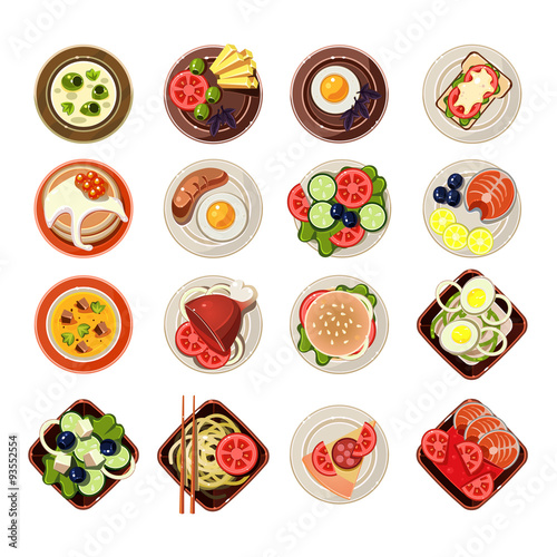 Set of Dishes with Various Food. Vector Illustration