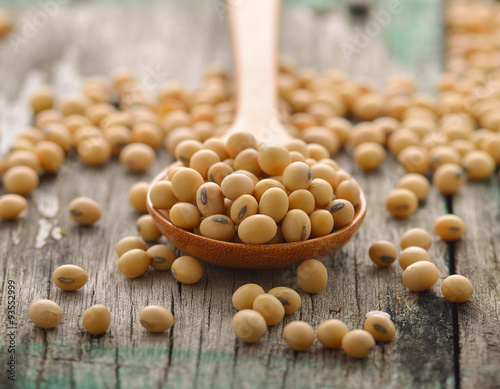 soy beans in wooden spoon photo