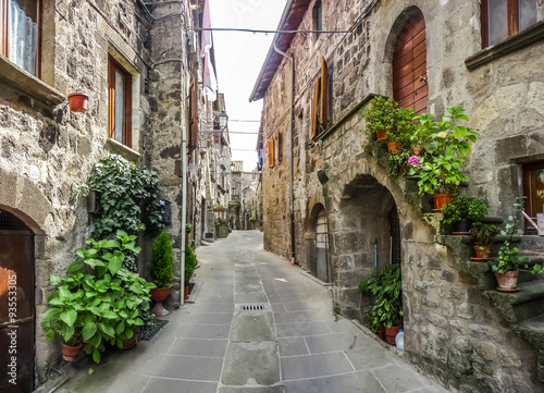 Fototapeta Piękny widok na stare tradycyjne domy i idylliczną uliczkę w historycznym mieście Vitorchiano, Viterbo, Lacjum, Włochy do salonu