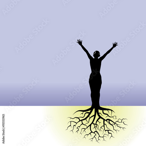 This vector background has a woman with tree roots