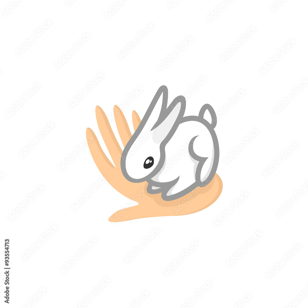 Obraz premium Contact zoo logo. Animal care symbol. Cute tiny rabbit sitting o