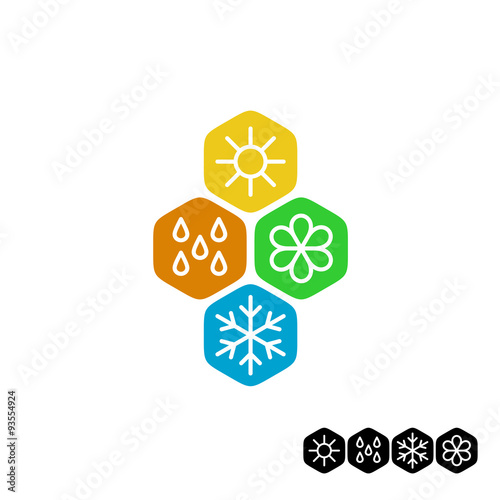 All season symbol. Winter snowflake, spring flower, summer sun,