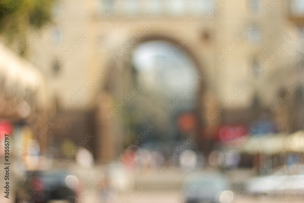 Fototapeta premium Blurred background photo. Cityscape bokeh. Blurry european street