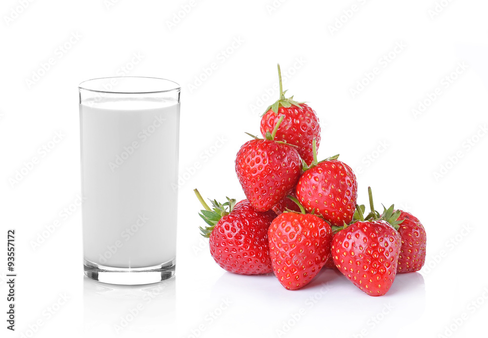 glass of milk and strawberry on white background glass of milk and strawberry on white background