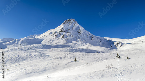 Winter view of the mountain summit. Tourist walking on the trail. The sky is clear, sunny. Winter. Ukrainian Carpathian Mountains
