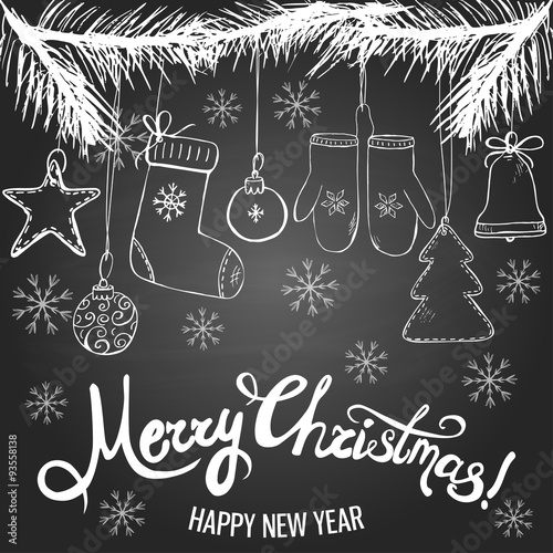 Sketched pine brunches with Christmas decor  on the blackboard