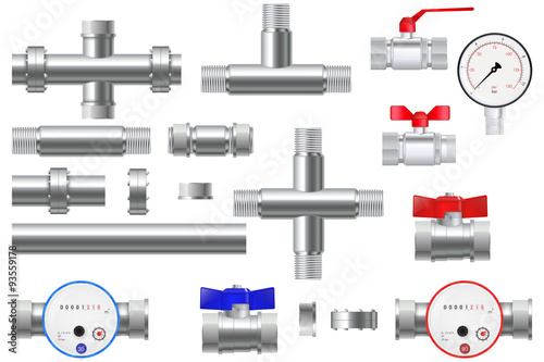 Manometer and Chrome pipes with flange. Water Meter with Water valve. 