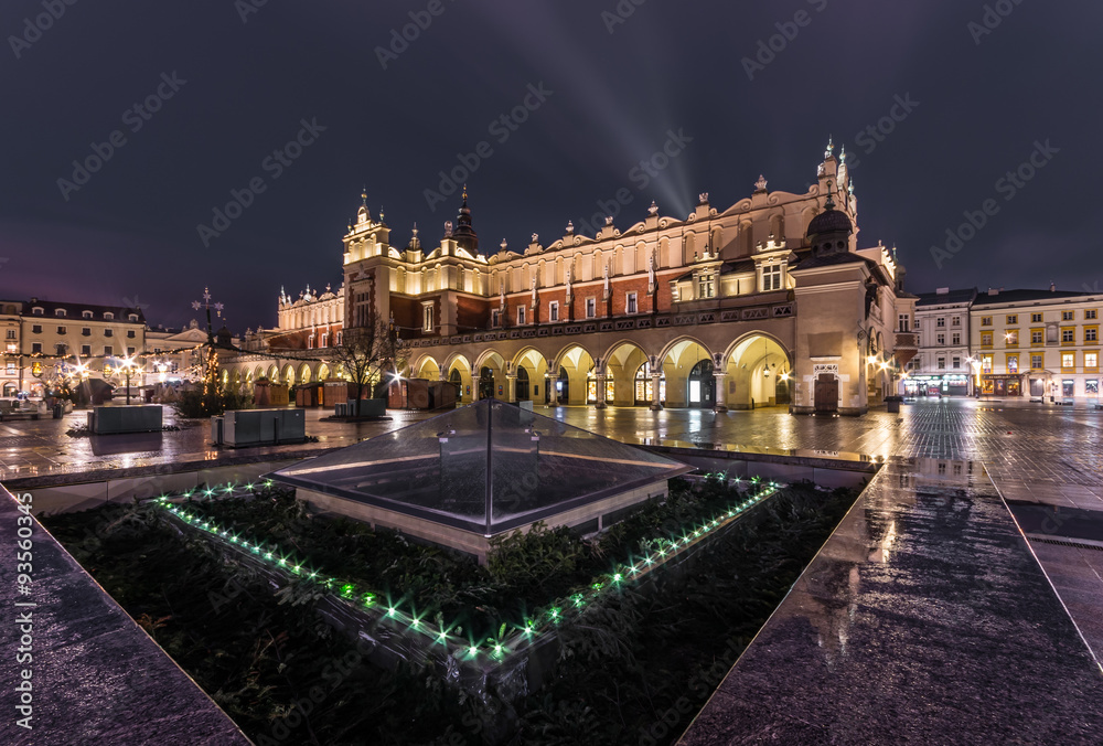 The Main Market Square in Krakow, Poland, with famous Sukiennice (Cloth hall) in the night