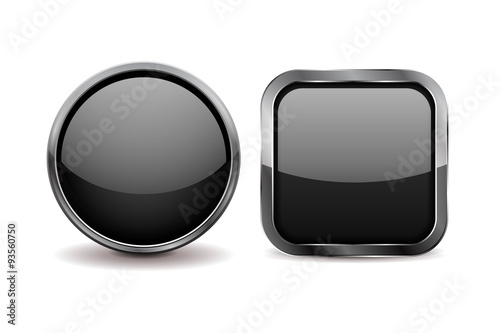 Buttons. Black shiny glass sphere and square button with metal frame. 