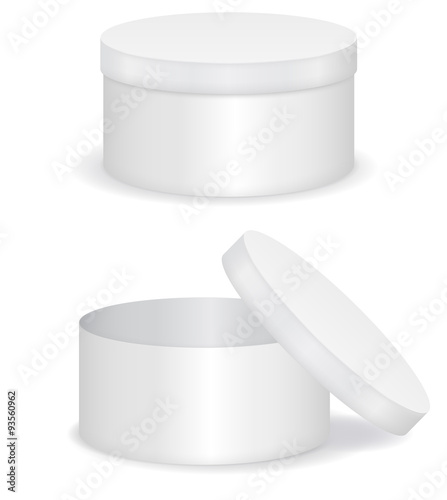 White round box. Closed and Open gift box. 