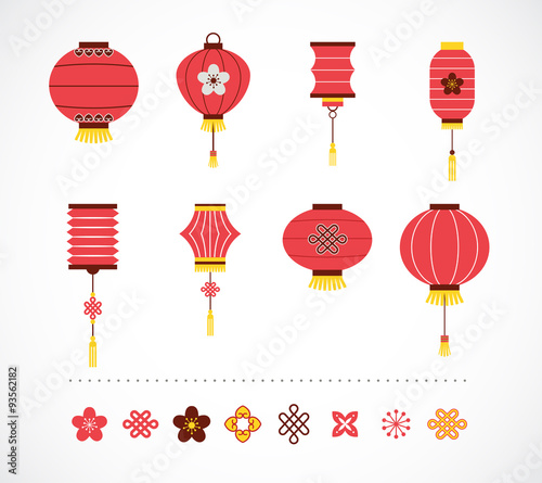 Set of Chinese red lanterns and elements