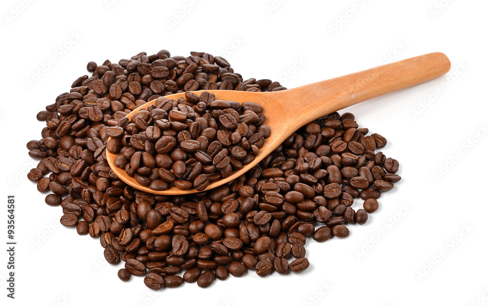 Fototapeta premium coffee beans with wooden spoon isolated on white background