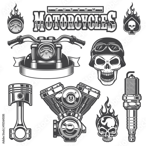 Set of vintage monochrome motorcycle elements