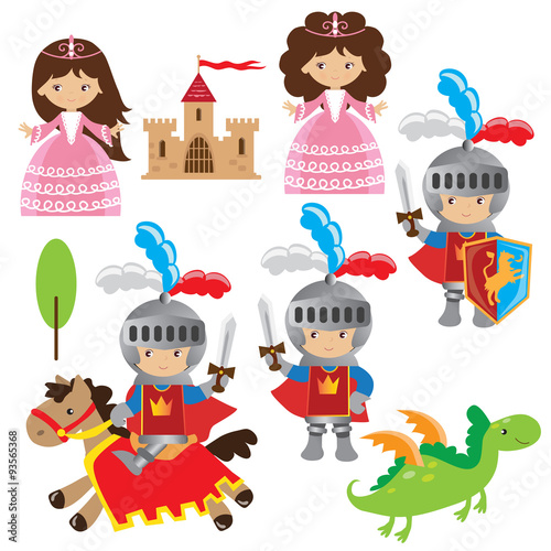 Princess, knight and dragon vector illustration #93565368