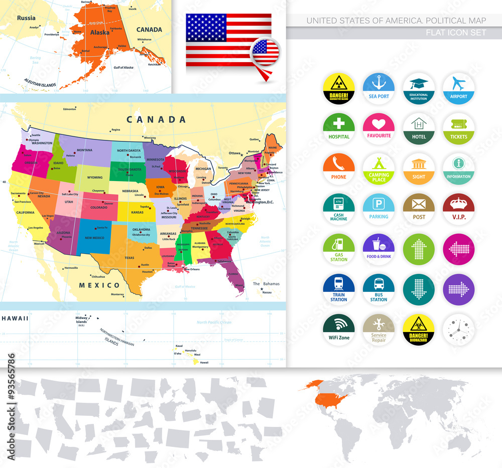 Political map of the USA with it's states and Flat Icon Set