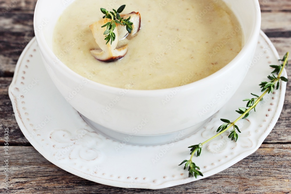 Mushroom and potato cream soup with mushroom topping. Selective focus. Mushroom and potato cream soup with mushroom topping. Selective focus.