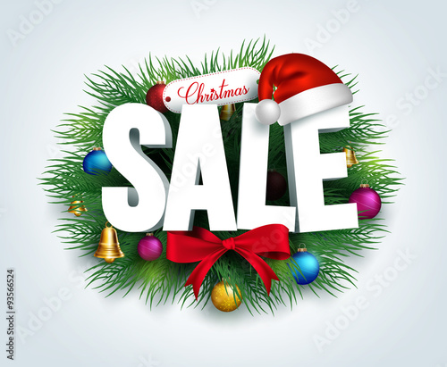 3D Christmas Sale Text for Promotion with a Leaves and Christmas Decorations in White Background. Realistic Vector Illustration
