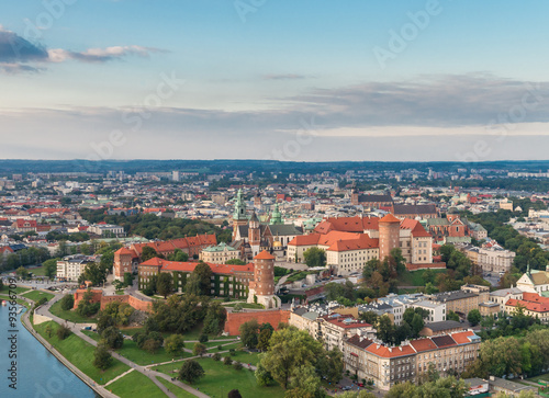 Royal castle on the Wawel hill and Krakow old town - aerial view